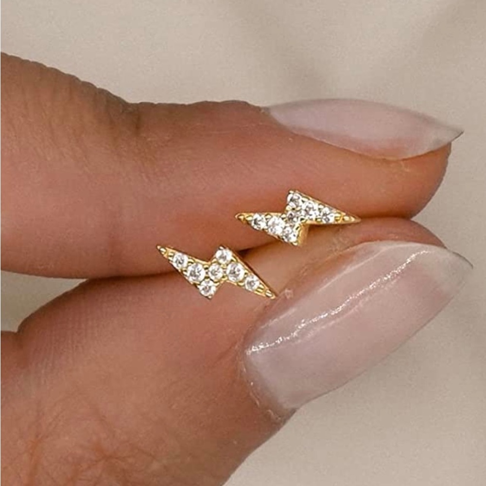 BOGO 14K Gold Quality CZ Inlay Lightning Bolt Stud Small Earrings Child Adult
